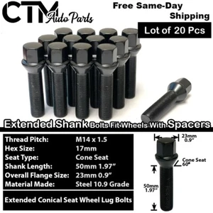 20x Black 14x1.5 Conical Lug Bolt 50mm Shank Fit Aftermarket Rim 3-8mm Spacer - Picture 1 of 6