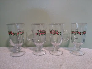 6.75" Vintage LRS3 Christmas Holly Irish Coffee Glass Mug Set of 4 Libbey - Picture 1 of 3