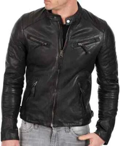 Men's Black Leather Jacket Real Sheep Napa Leather Biker Style Cafe Racer Jacket - Picture 1 of 7