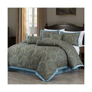 Chezmoi Collection Pierre Comforter Set King Size, 7-Piece Blue Gold Medallio... - Picture 1 of 9
