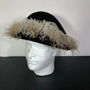 Vintage Ladies Hat with Ostrich Feathers Fisk Chicago Black Wool Church Derby - Picture 1 of 10