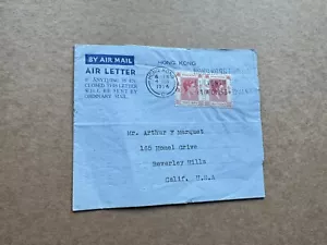 Hong Kong 1954 Aerogram to Hollywood +KGVI 20C Pair +Late Use +HK Exhibit Chop - Picture 1 of 1