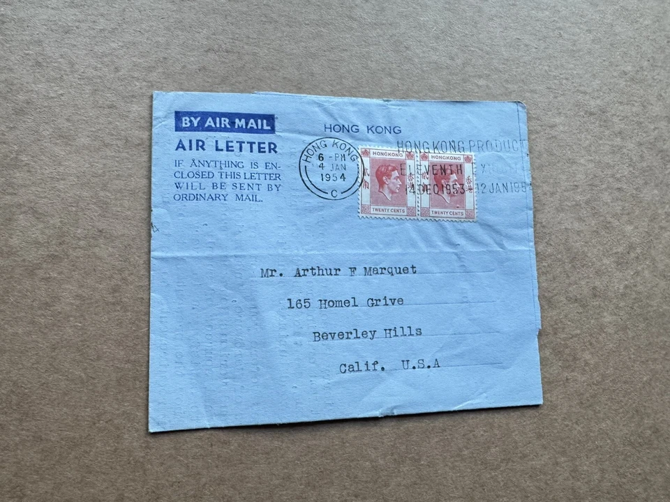 Hong Kong 1954 Aerogram to Hollywood +KGVI 20C Pair +Late Use +HK Exhibit Chop - Image 1 of 1
