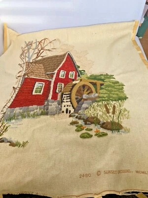 Red Mill Vintage Sunset Crewel Partially Completed B Jennings 16x20 Water Wheel  - Image 1 of 4