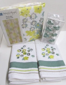 Floral Bathroom FLOWER BED 4 pc Set w Shower Curtain 2 Hand Towels & Hooks NEW - Picture 1 of 9