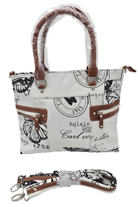 Damenhandtasche Henkeltasche weiß braun Schmetterling + Schultergurt - Bild 1 von 4