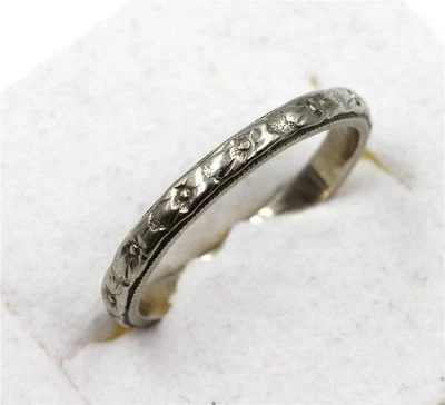 ALIANZA DE BODA AUTÉNTICA DE COLECCIÓN ART DECO ORO BLANCO MACIZO 18K DISEÑO FLORAL ETERNIDAD Foto 1 de 4