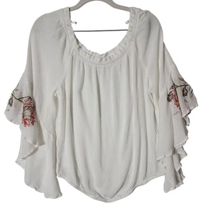 SoHo Jeans Womens Top Sz L Off Shoulder Flutter Sleeve Embroidered White Y2K - Picture 1 of 11