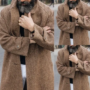 Brown Herringbone Men's Long Overcoat Tweed Formal Outwear Winter Men Long Coat - Picture 1 of 7