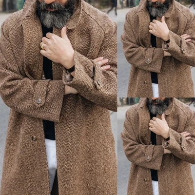 Brown Herringbone Men's Long Overcoat Tweed Formal Outwear Winter Men Long Coat - Image 1 of 4