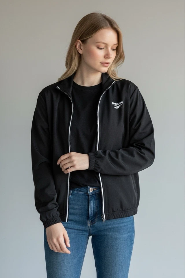 Reebok Logo Tricot Long-Sleeve Track Jacket Women's M Black/White Full Zipped