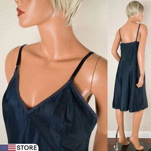 💖 Vintage BARBIZON Taffreda Sz 38 Full Slip Dress Dark Blue Nightgown Dacron - Picture 1 of 9