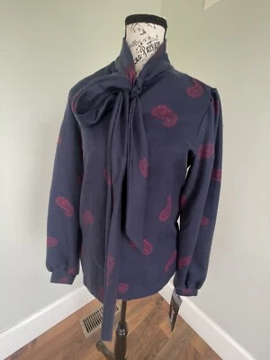 Vintage Jantzen Women's Button-Up Shirt Paisley Tie Neck Navy Long Sleeve NWT - Image 1 of 4
