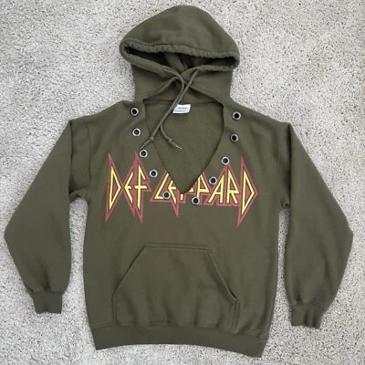 Def Leppard Sweatshirt Women’s Small Open Front Kangaroo Pocket Olive Hoodie - Image 1 of 4