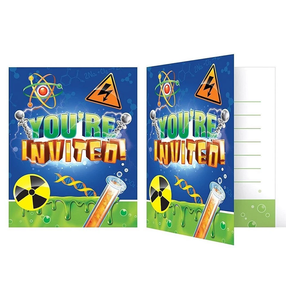 Mad Scientist Big Bang Science Kids Birthday Party Invitations w/Envelopes - Image 1 of 1
