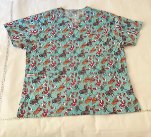 Scrub Top Nurse Midwife Shirt Print Medical Uniform Pockets Vet Size-XXL - Picture 1 of 8