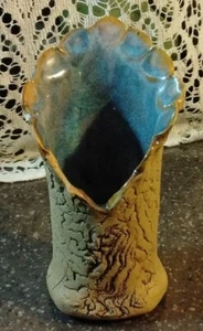 VTG bamboushay pottery vase imprinted MATT gloss glaze earthenware UNIQUE GIFT - Picture 1 of 8