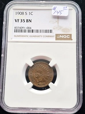 1908-S Indian Head Cent 1C NGC VF-35-KEY DATE! - Image 1 of 2