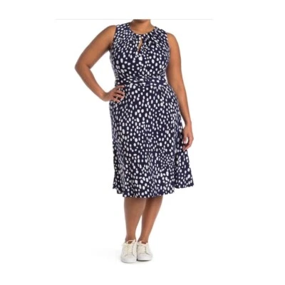 London Times Womens Blue Polka Dot Sleeveless Belted Midi Dress Plus Sz 20W New - Image 1 of 4