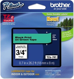 Brother Tze741 Adhesive Tz Tape (R) Cartridge Refill 0.70"X26-1/5Ft. Black/Green - Picture 1 of 3