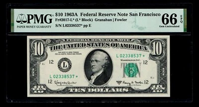 STAR 1963-A $10 Federal Reserve Note San Francisco PMG GEM UNC 66 EPQ - Image 1 of 2