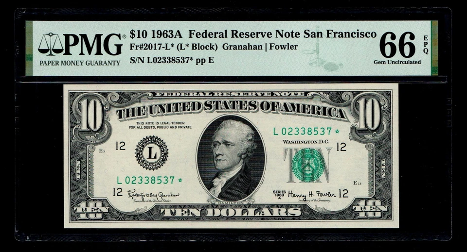 STAR 1963-A $10 Federal Reserve Note San Francisco PMG GEM UNC 66 EPQ - Image 1 of 2