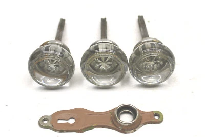 3 perillas de vidrio de perilla de herrajes de puerta antiguas vintage + lote de 1 placa varilla plateada extraña    Foto 1 de 4