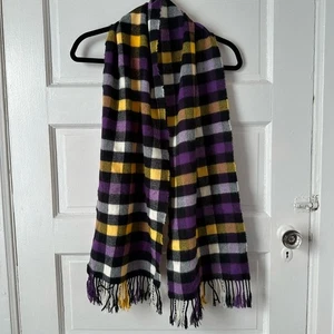 100% Kaschmir Karo Schal Made In Scotland Fransen Quasten Lila Gelb Schwarz - Bild 1 von 9