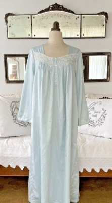 Vintage Oscar de la Renta for Neiman Marcus Blue Satin Embroidered Nightgown S - Image 1 of 4