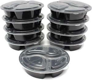 Meal Prep 48 oz Three Compartment Food Containers with Lids 10 Pack Black Round - Picture 1 of 6
