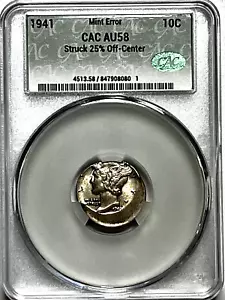 1941 MERCURY DIME STRUCK 25% OFF-CENTER 10C ERROR NICEST AU58 CAC - Picture 1 of 2