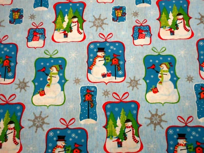 Christmas Fabric By Yard Snowmen Scenic Patch Metallic Silver Blue Cotton #1 C - Image 1 of 2