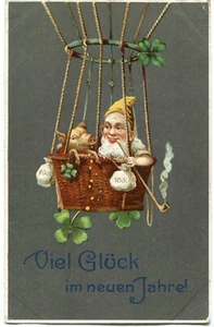 Künstler-Präge-AK Viel Glück! NEUJAHR Zwerg mit Schwein fährt Ballon, Klee 1908 - Picture 1 of 1