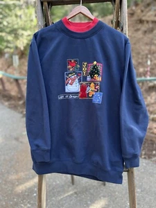 Vintage Christmas Snowman Double Collar Blue Sweatshirt 1990s Grandma Teacher L - Picture 1 of 8