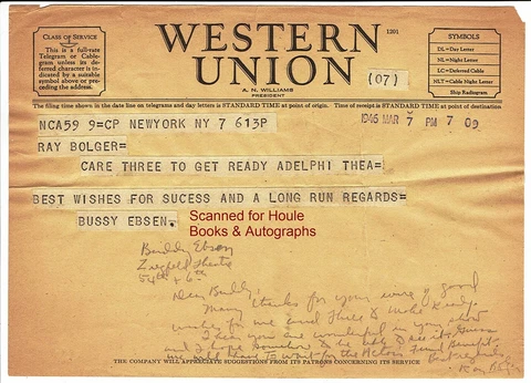 RAY BOLGER - LETTER - SIGNED - BUDDY EBSEN - WIZARD OF OZ - BEVERLY HILLBILLIES Cover