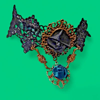 BLACK & GREEN LACE ROSE CHOKER fairycore whimsigoth victorian necklace gothic P5 - Image 1 of 4