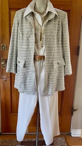 ST. JOHN KNITS COUTURE 14 (16) Open Front Jacket Lined Beige Stripe shiny thread - Picture 1 of 20