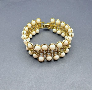Signiertes Avon Armband goldfarben zweireihig Strang Kunstperlen breite Verbindung 7,5 Zoll - Bild 1 von 8
