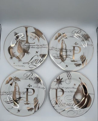 Pratos de sobremesa/salada Pottery Barn branco com riso de cerâmica dourado - Imagem 1 de 4