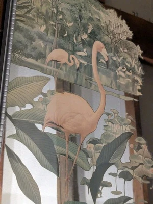 Flamingo Birds Wall Mirror Art Deco Antique Vintage Rare Silver Frame Pink Scene - Image 1 of 4