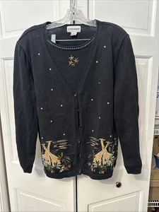 Alfred Dunner Safari Giraffe Sequin Embroidered 1 Piece Cardigan Sweater L VTG - Picture 1 of 5
