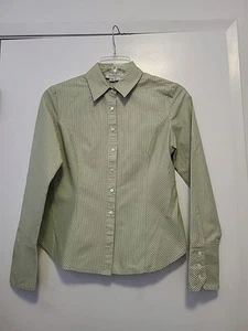 Kay Unger Pin Stripe Button Down Blouse Pleated Detail In Back Green 8 Office - Picture 1 of 7