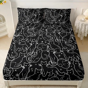 Cat Fitted Sheet, Black and White Cosmic Galaxy Cat Star Bedding Set Full Siz... - Picture 1 of 8
