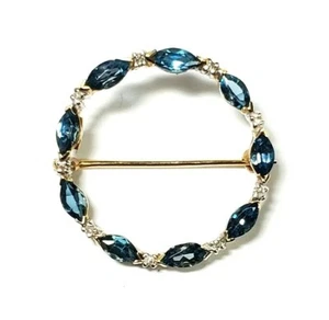 London Blue Topaz and Diamond 14k Yellow Gold Open Circle Pin Brooch - Picture 1 of 4