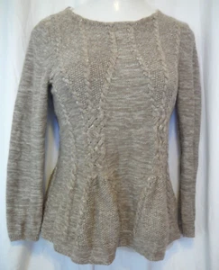 Cupio Cable Knit Peplum Brown Cotton Sweater Long Sleeve Fall Top Size Small - Picture 1 of 11