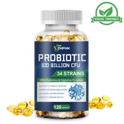 ZHPHK probiotics complex for gut health 100 Billion CFU Acidophilus vegan 120 capsules