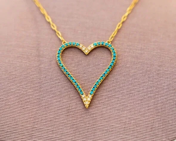 14K Yellow Gold Plated Round Simulated Turquoise Heart 1.50Ct Pendant Necklace - Image 1 of 4