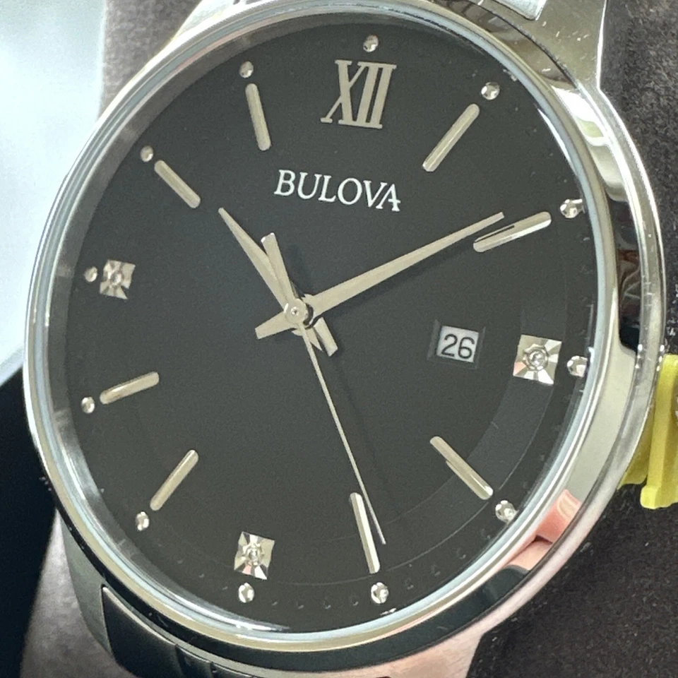 Bulova Men's Classic Diamond Accents Date Quartz Black Silver Watch 41MM 96D151