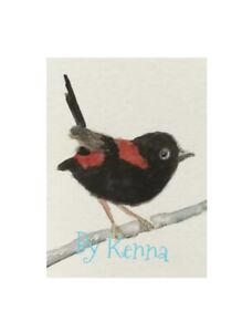 Hand Painted ACEO ATC Artist Trading Card  Red Fairy Wren Painting By Kenna