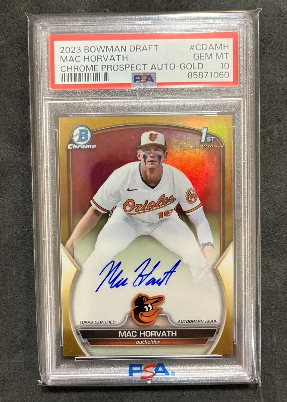 2023 Bowman Chrome Draft Mac Horvath 1st True Gold Auto #/50 Orioles #CDA-MH